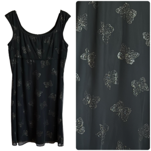 Y2K Vintage 90s Black Mini Dress with Silver Glitter Butterfly Print 14 Large